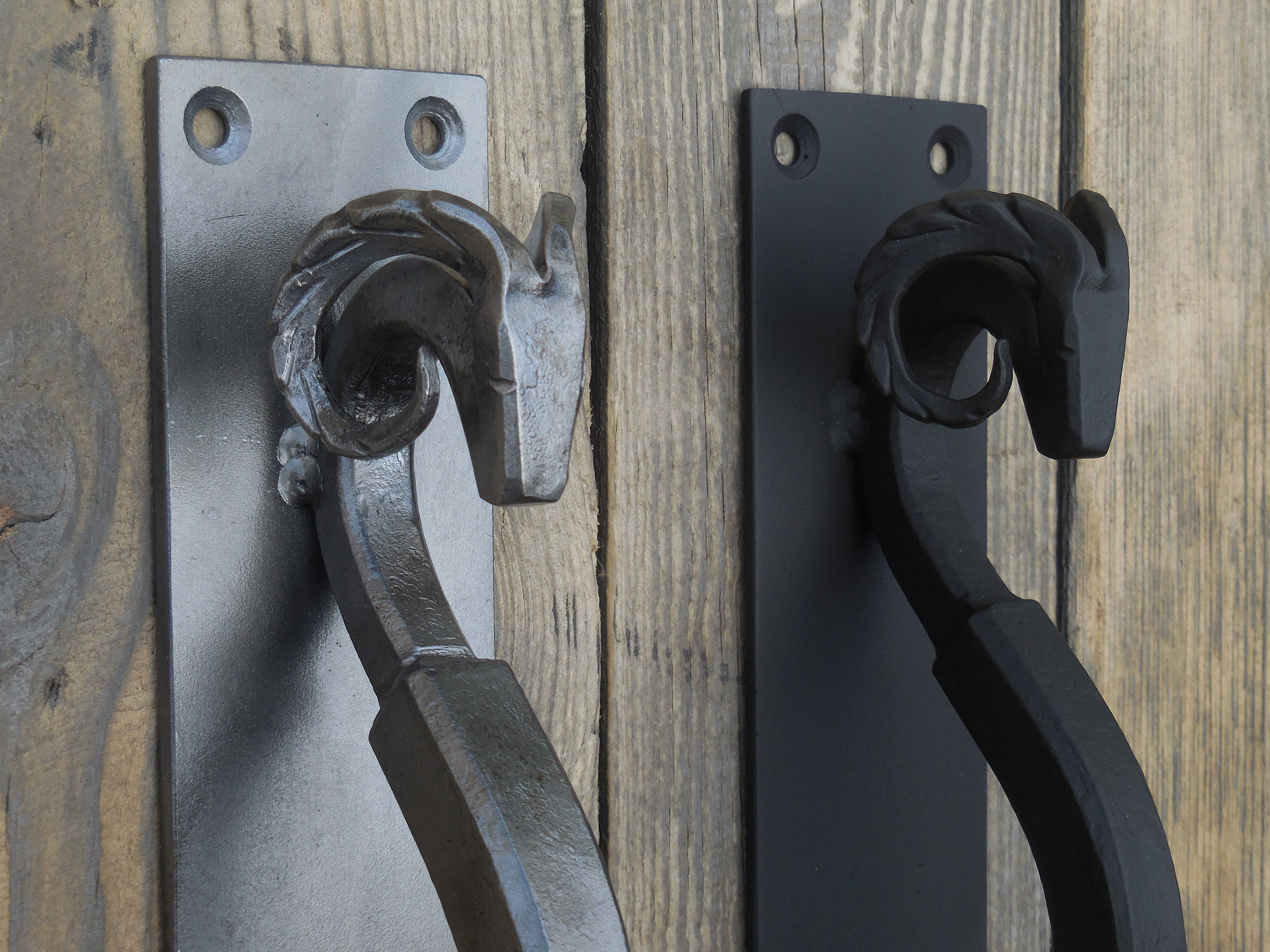 Set Of 2 Iron Door Pulls, Barn Pull, Ram's Head, Wrought Iron, Gate & Shed Handles, Entrance Pull Handle, Door Hardware
