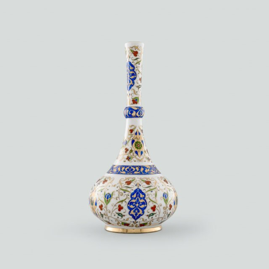 17 Inch Vintage Porcelain Vase Handpainted Hand Decorated Turkish Antique Gold Blue Ceramic Home Decor Premium Gift