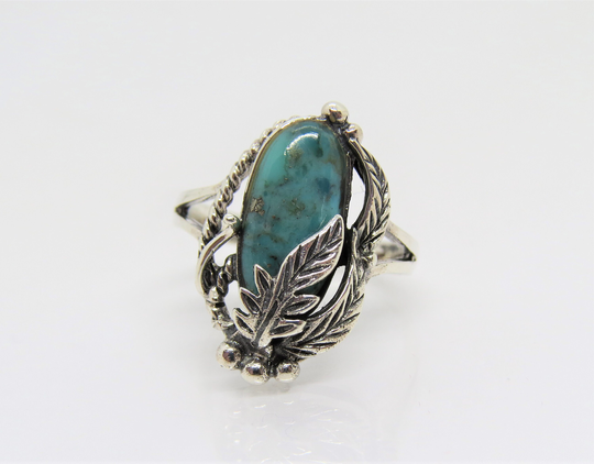 Vintage Sterling Silver Turquoise Leaf Ring Size 8