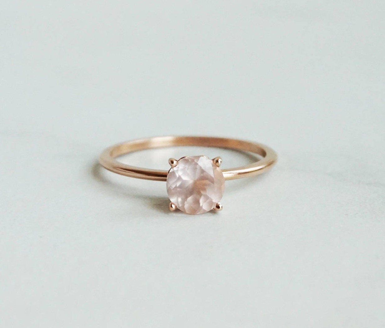 Butterfly - Round Rose Quartz Slender Solitaire Engagement Ring | 14K Art Nouveau Vintage Inspired