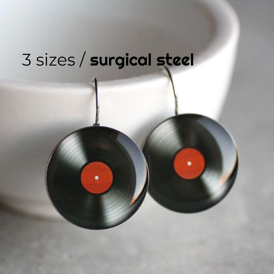 Vinyl Record Earrings, Surgical Steel Lp Retro Earring, French Clip Leverback Dangle Earring