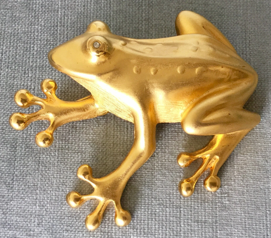Massive Doreen Ryan Signed Frog W/Crystal Rhinestone Eyes Brooch Pin Gold Metal Vintage Designer Runway Couture Big Statement Huge Animal