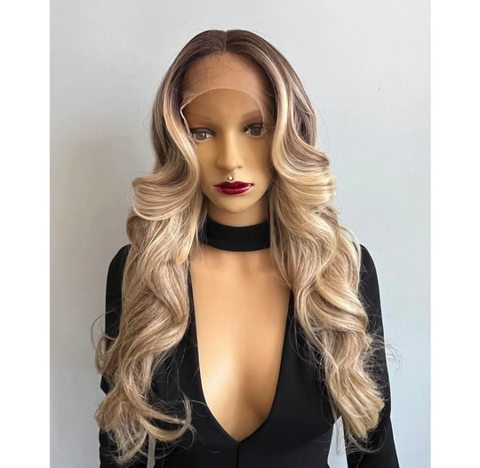 Ombré Honey Blonde Front Lace Middle Parting Human Hair Blend Daily Wig