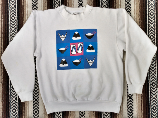 80S 90S Japanese Sweatshirt Vintage Crewneck Japan Theme Origami Noodles Artistic Art International Asian Themed Pullover White Sz M/L Retro