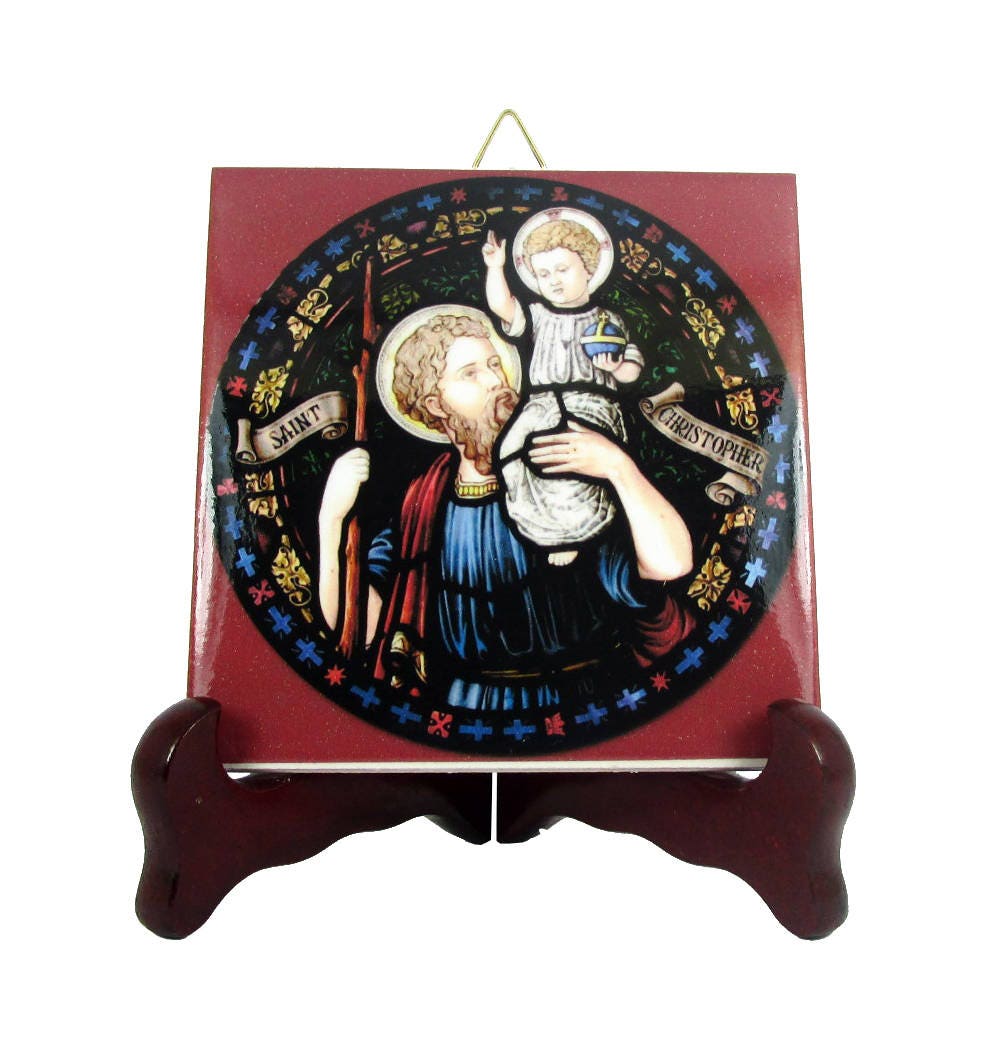 Catholic Saints - St Christopher Religious Icon On Ceramic Tile Handmade in Italy Christian Art Saint Holy