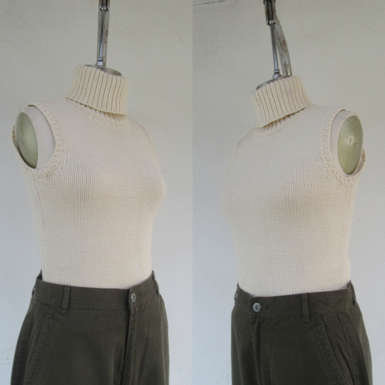 90S Cotton Blend Vanilla Cream Knit Sleeveless Mockneck Top | Turtleneck Blouse Minimalist Shirt Ribbed Roll Neck Xs