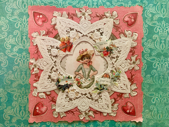 Large Vintage Unused Valentines Day Card Multi Layered With Paper Lace & Scraps Hearts Flowers