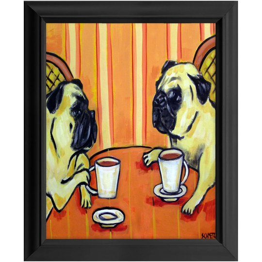Pugs At The Coffee Shop Dog Art Print 11x14 Ready To Hang Framed Wall Artwork Animal Decor