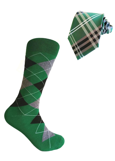 Irish Green With Black & Heather Gray Color Plaid Necktie Matching Argyle Socks Set For Men in Multi-Occasion