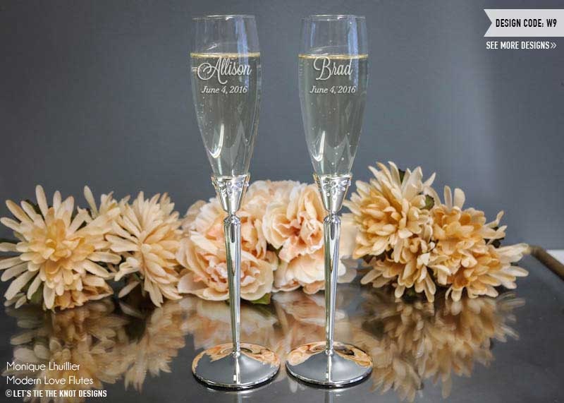 Monique Lhuillier Modern Love Personalized Wedding Champagne Flutes | Set Of Two Custom Engraved Toasting Glasses, Engagement Glasses
