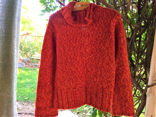 Chunky Hand Knit T Neck Sweater By Kenji Naturals Size Small in Flame Orange Gorgeous Hue Acrylic Wool Blend 5 Inch Neck So Warm
