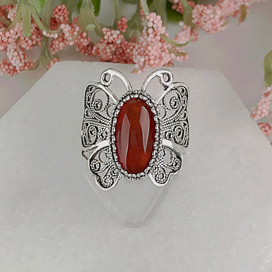 Natural Carnelian Silver Butterfly Ring, 925 Sterling Genuine Red Handmade Artisan Crafted Filigree Monarch Ring