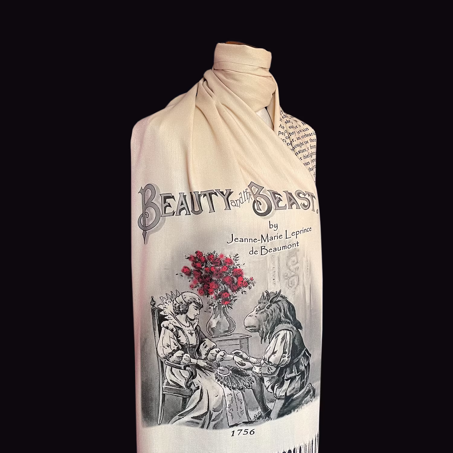 Beauty & The Beast Scarf Shawl Wrap. Bookish Outfit, Literary Scarf, Book Scarf. Red Rose