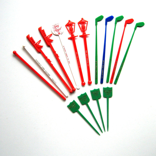 Vintage Swizzle Sticks/Hors D'oeuvres Picks - Set Of 16 Plastic Stirrers & Picks, Assorted Souvenir Stirrers, Cocktail Barware