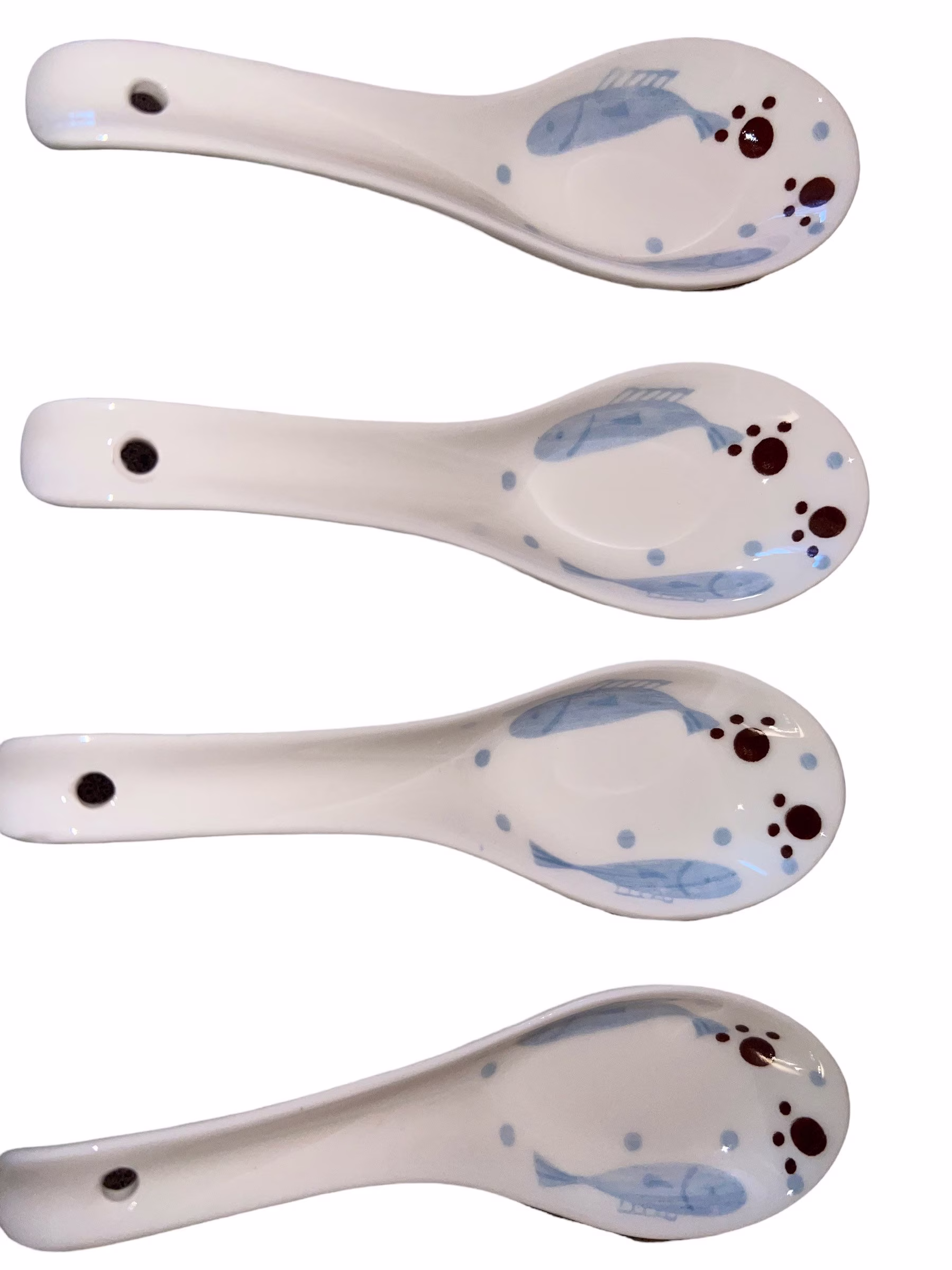 Set Of 4 Chinese Noodle Spoon, Blue Fish Spoons, Blue & White Rice Oriental Soup Asian Spoon