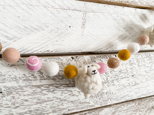 Sheep Blush Pink Tan Feltball Easter Garland | Felted Seep Felt Ball Pom Free Shipping USA Spring Decor Christian Banner