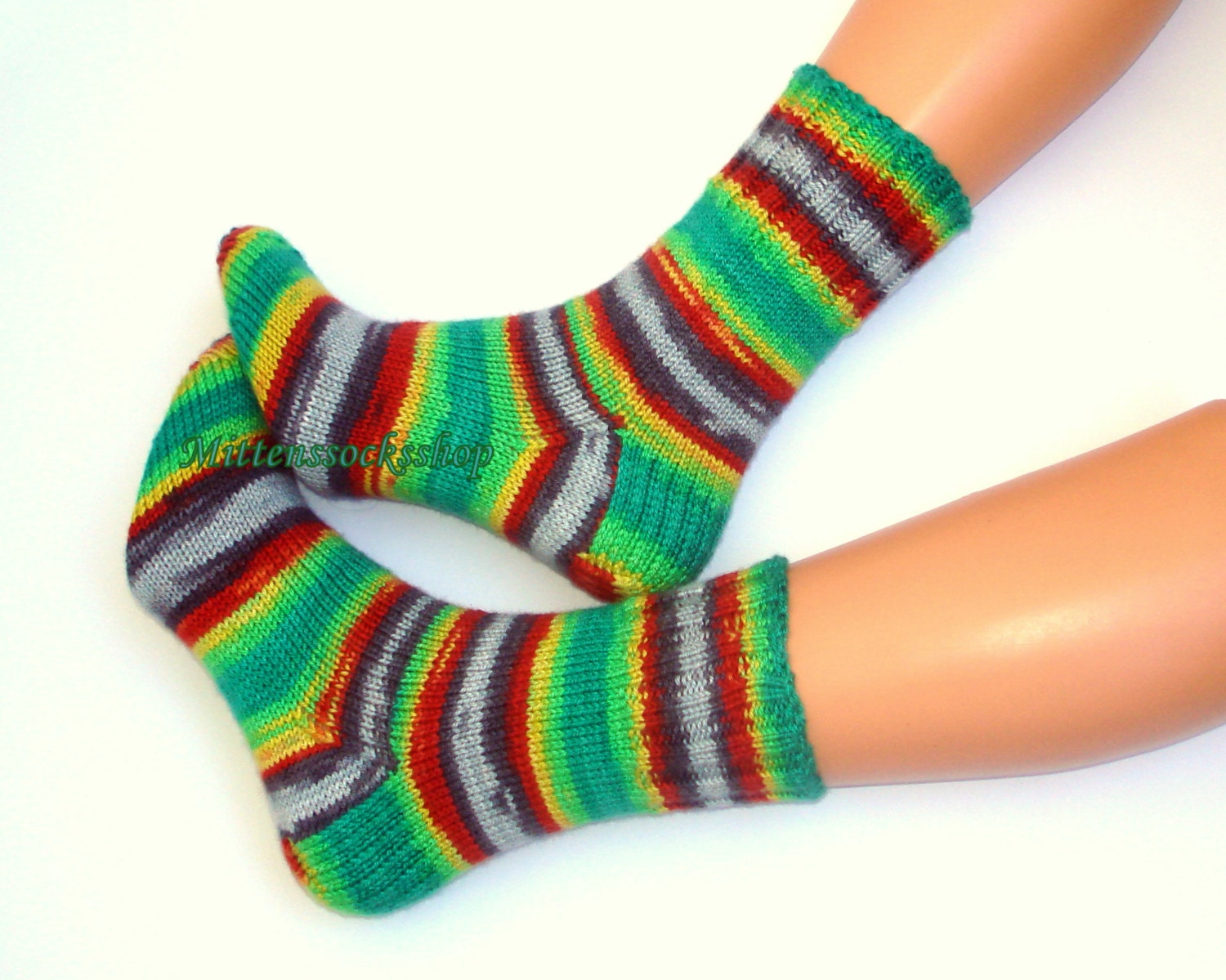 Green Red Gray Yellow Hand Knit Socks Striped Women's Men's Colorful Girl's From Batik Yarn