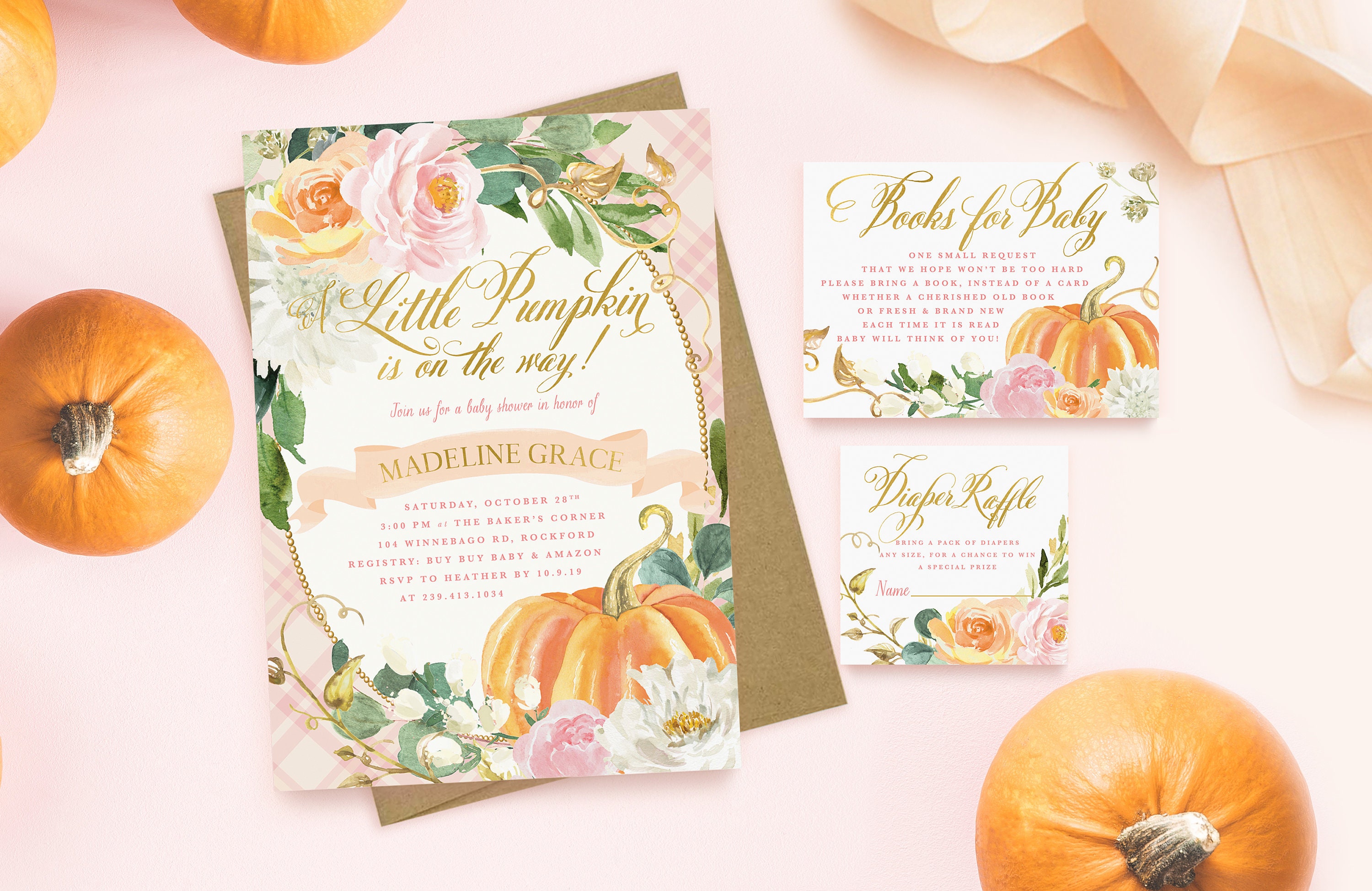 Pumpkin Baby Shower Invitations, Fall Invitations Girl, Little Is On The Way Invitation Set, Pink & Orange - 16