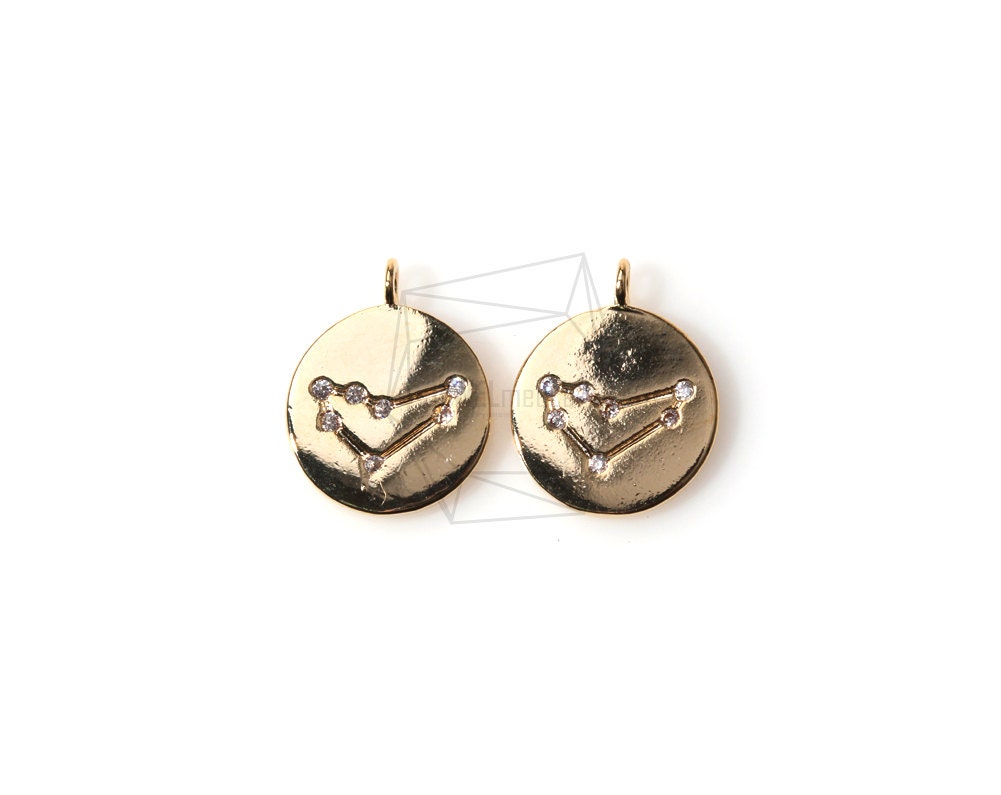 Pdt-1014-G/2Pcs - Zodiac Sign Charm(Capricorn/Constellation Disc Pendant/10mm/Gold Plated Over Brass