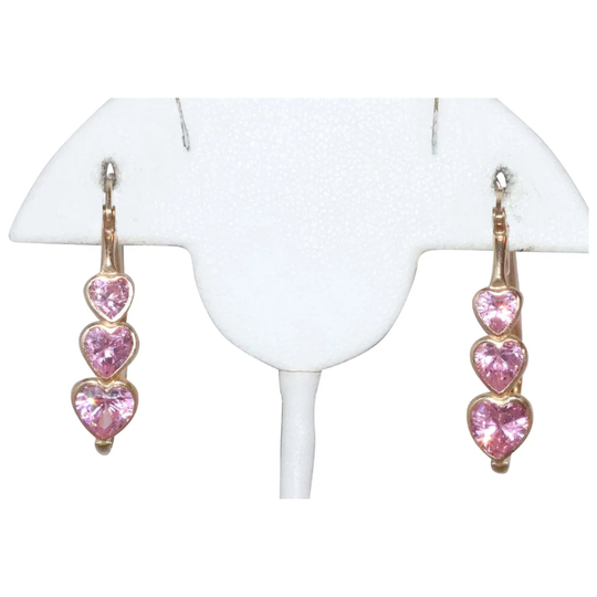 14K Yellow Gold Tapered Pink Heart Zirconia Earrings