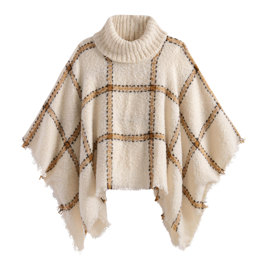 Ivory, Tan And Black Windowpane Turtleneck Boucle Poncho: Natural - Polyester by World Market