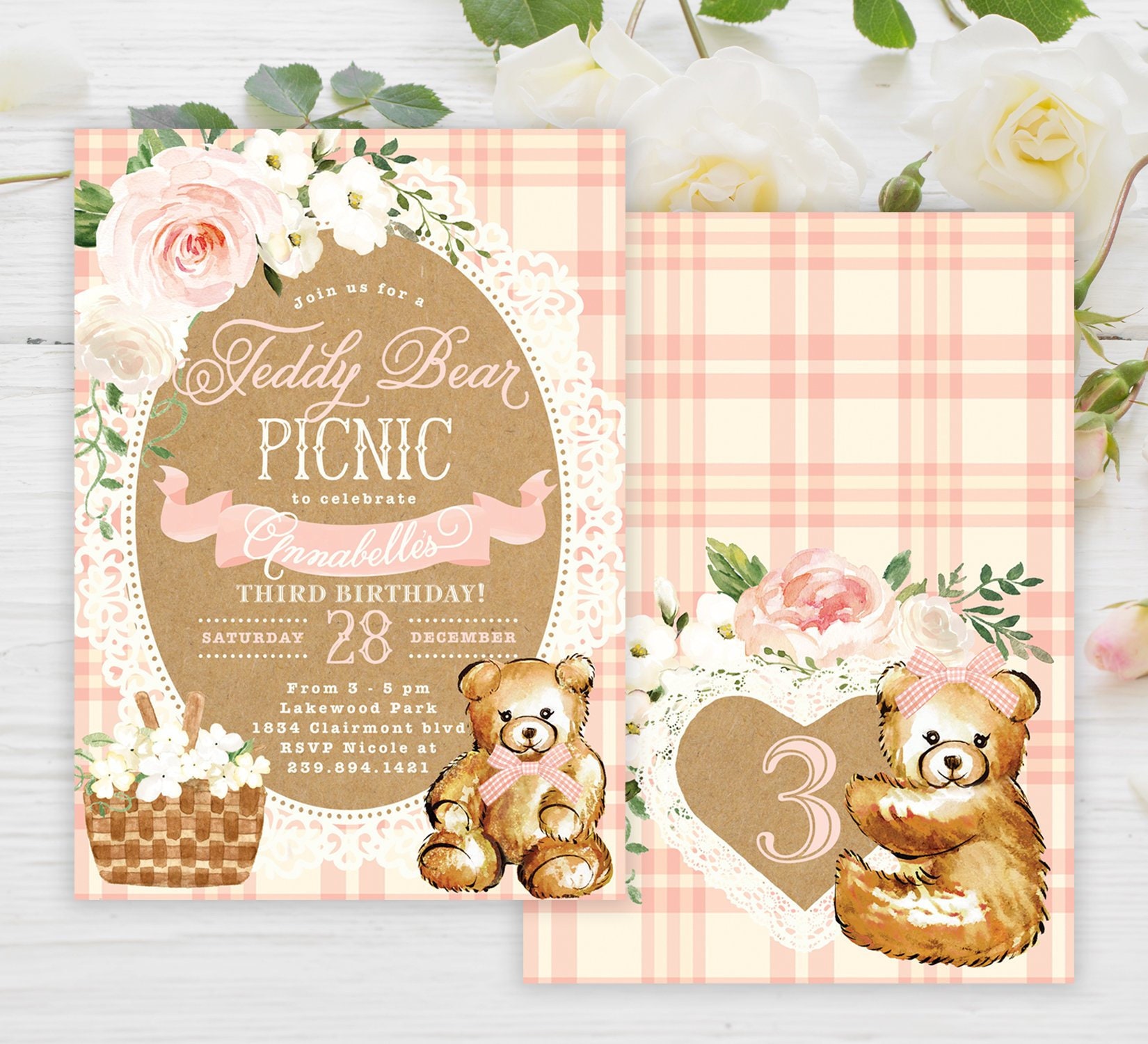 Teddy Bear Picnic Invitation, Girl Birthday Party Invite, Pink