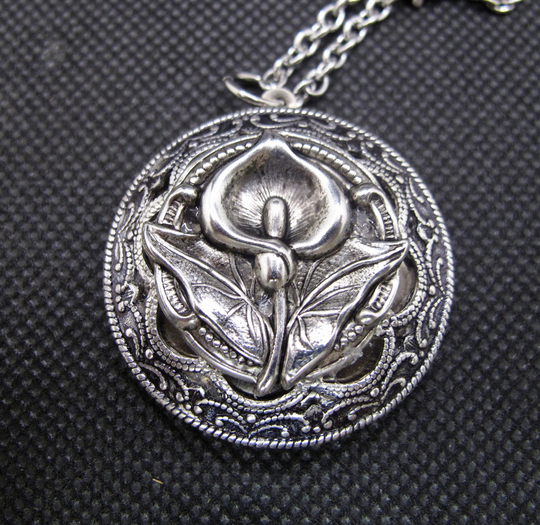 Prettiest Cala Lily Locket Necklace in Antique Silver With A Stainless Steel 24 Inch Rolo Chain