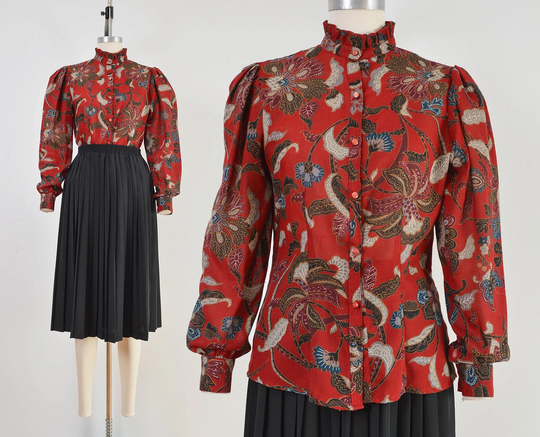 Dark Red Floral Blouse | 70S Vintage Wool Blend Puff Sleeve Ruffle Collar Size Xs S