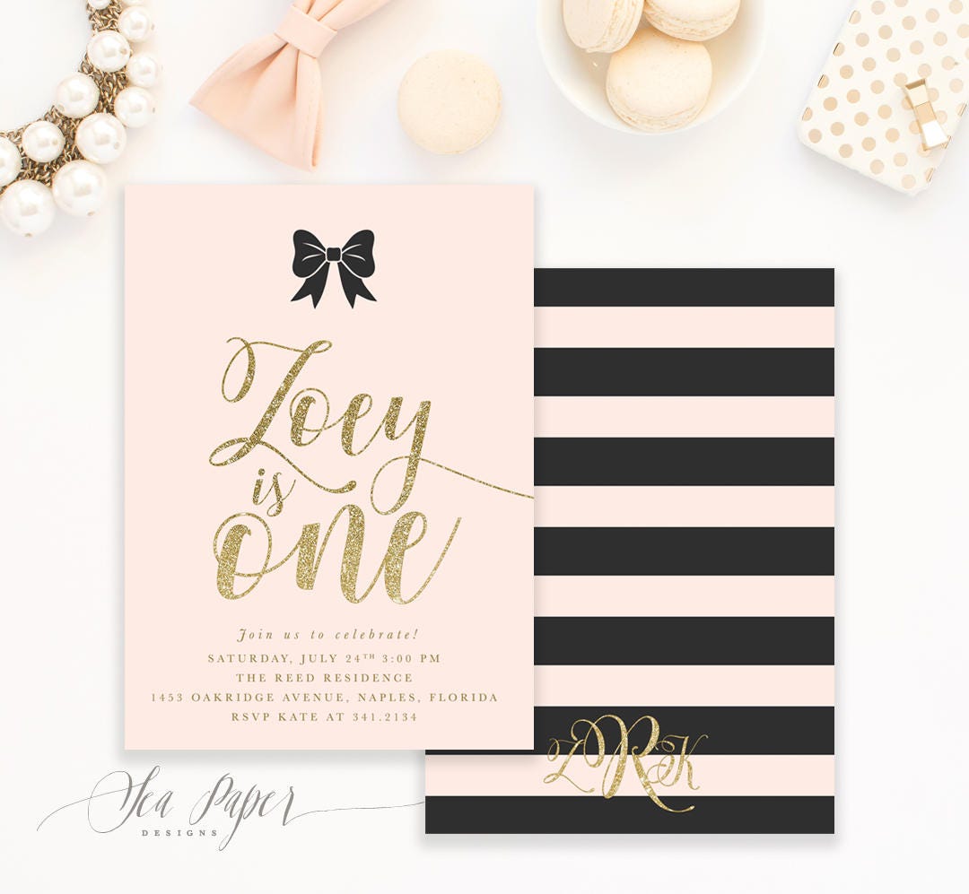 Girl's 1St Birthday Invitation Black Bow, Stripes, Blush Pink & Gold. Any Age First, Second, Third... Printed Or Digital - Zoey
