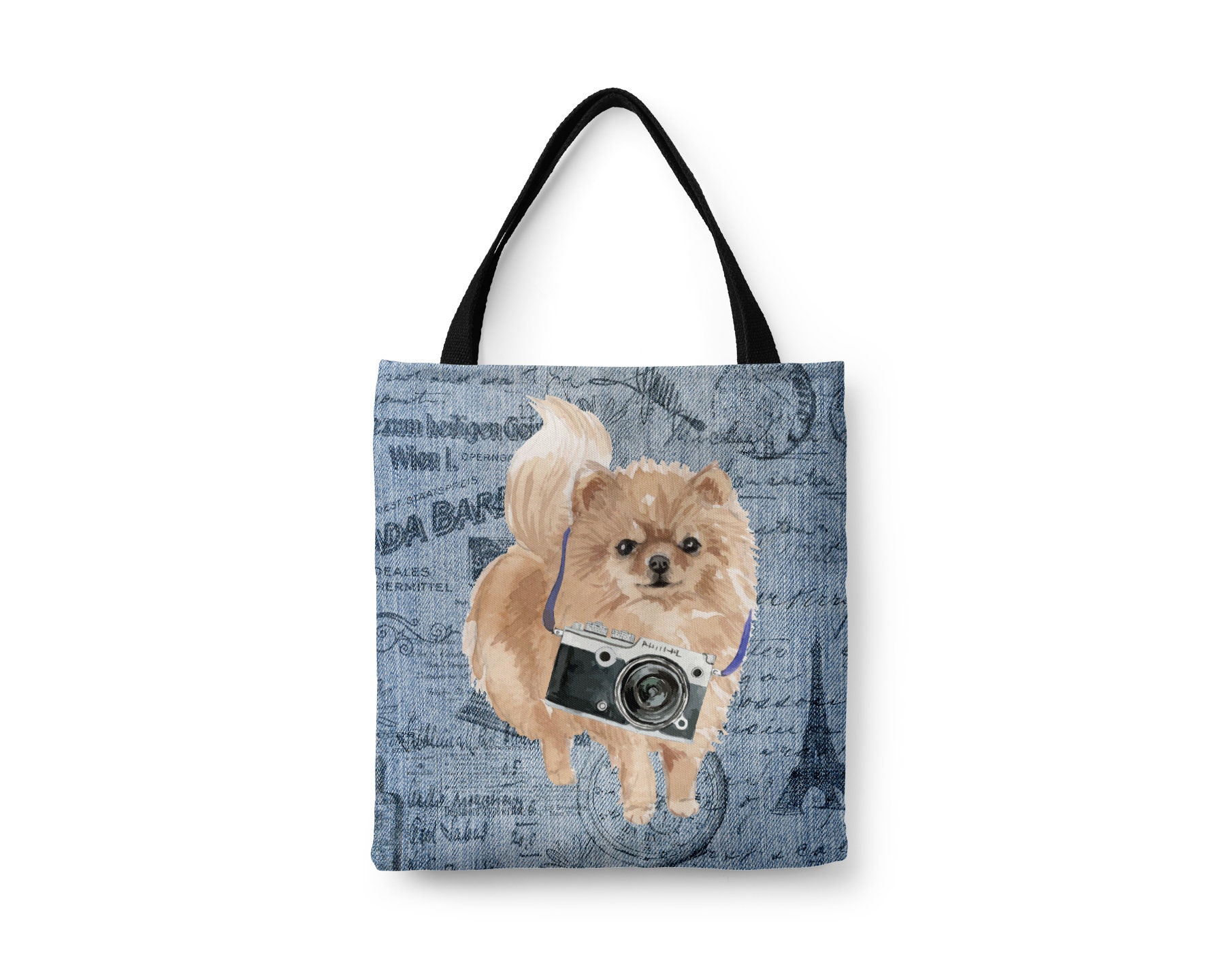 Pomeranian Dog Tote Bag Illustrated Dogs & 6 Denim Inspired Styles. All Purpose Ideal For Shopping. Zwergspitz, Dwarf Spitz, Loulou, Pom