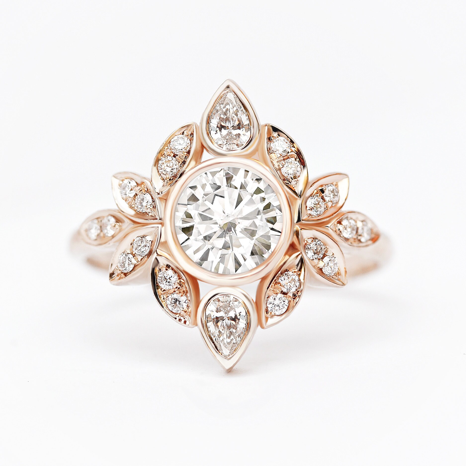 Flower & Leaves Unique Moissanite Engagement Ring, Vintage Bride Jewelry, Forever One Certified Ring Lily #5