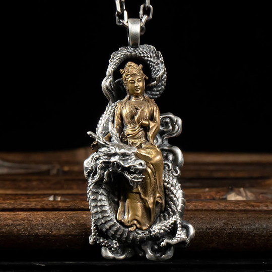Quan Yin with Dragon Stainless Steel Goddess Of Compassion Brass Buddhist Deity Pendant Jewelry