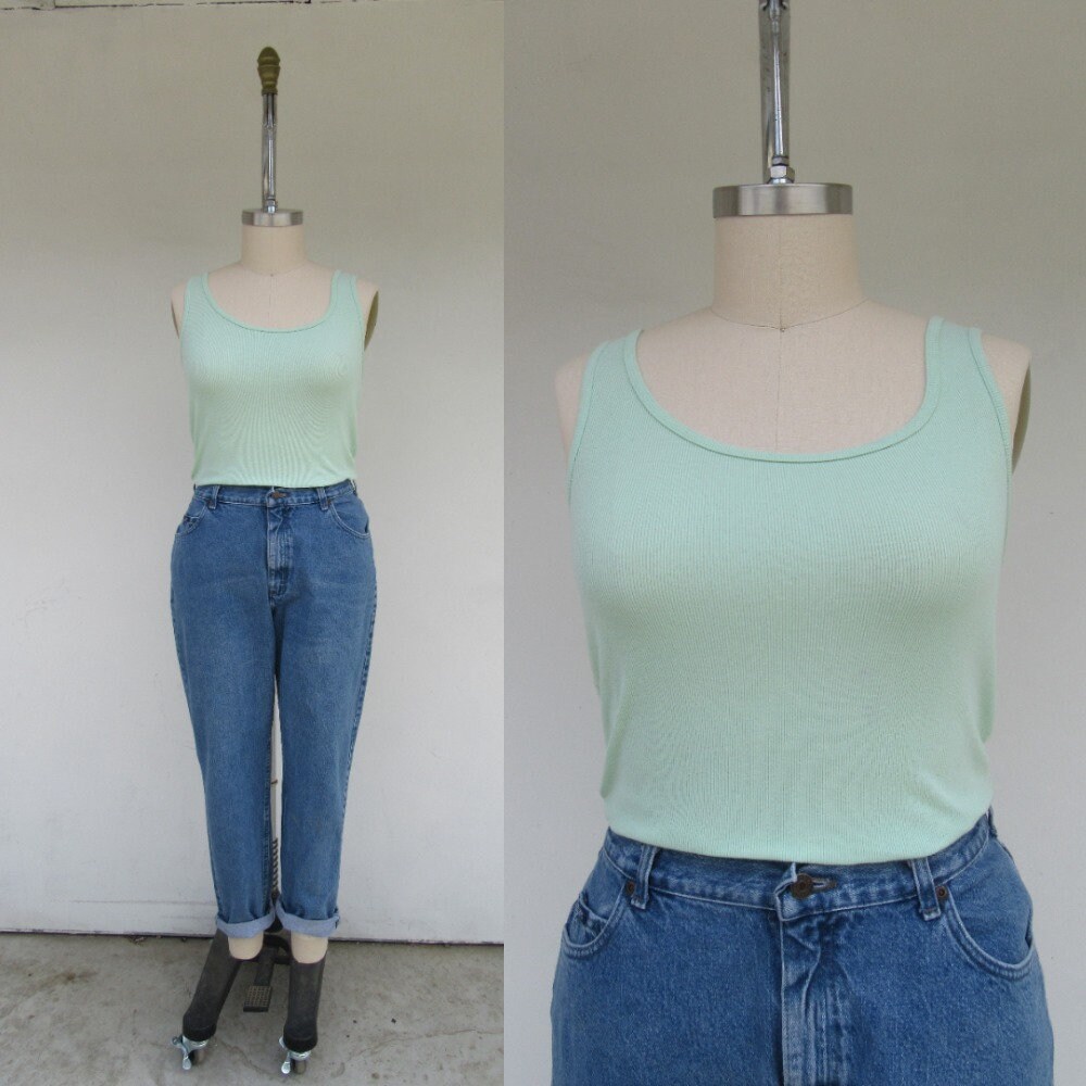 Plus Size 90S Cotton Blend Minty Ribbed Tank Top | Shell Singlet Mint Green Xxl Tee Shirt