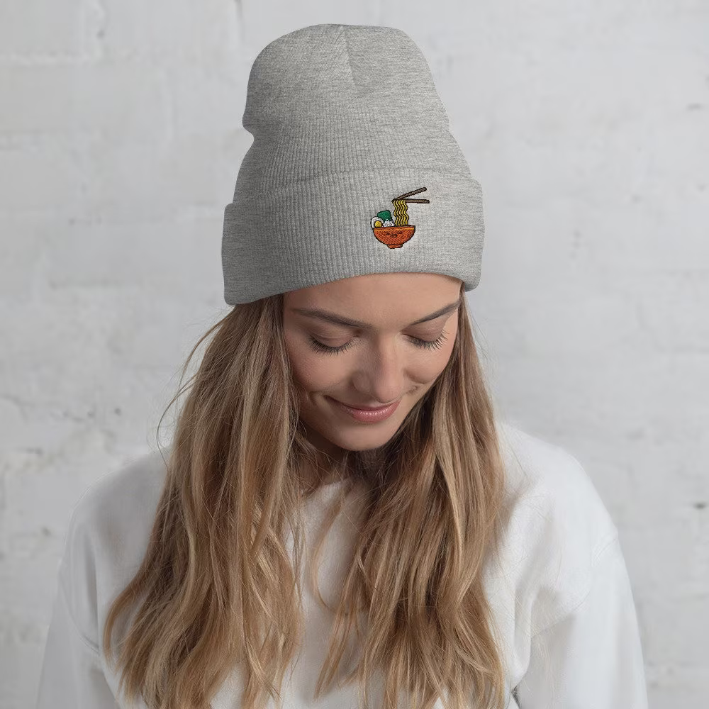 Cuffed Ramen Beanie, Hat, Lover, Gift, Cute Ramen, Funny Winter, Mama, Kawaii
