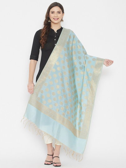 Women's Silk Blend Blue & Gold-Toned Woven Design Banarasi Dupatta Free Shipping