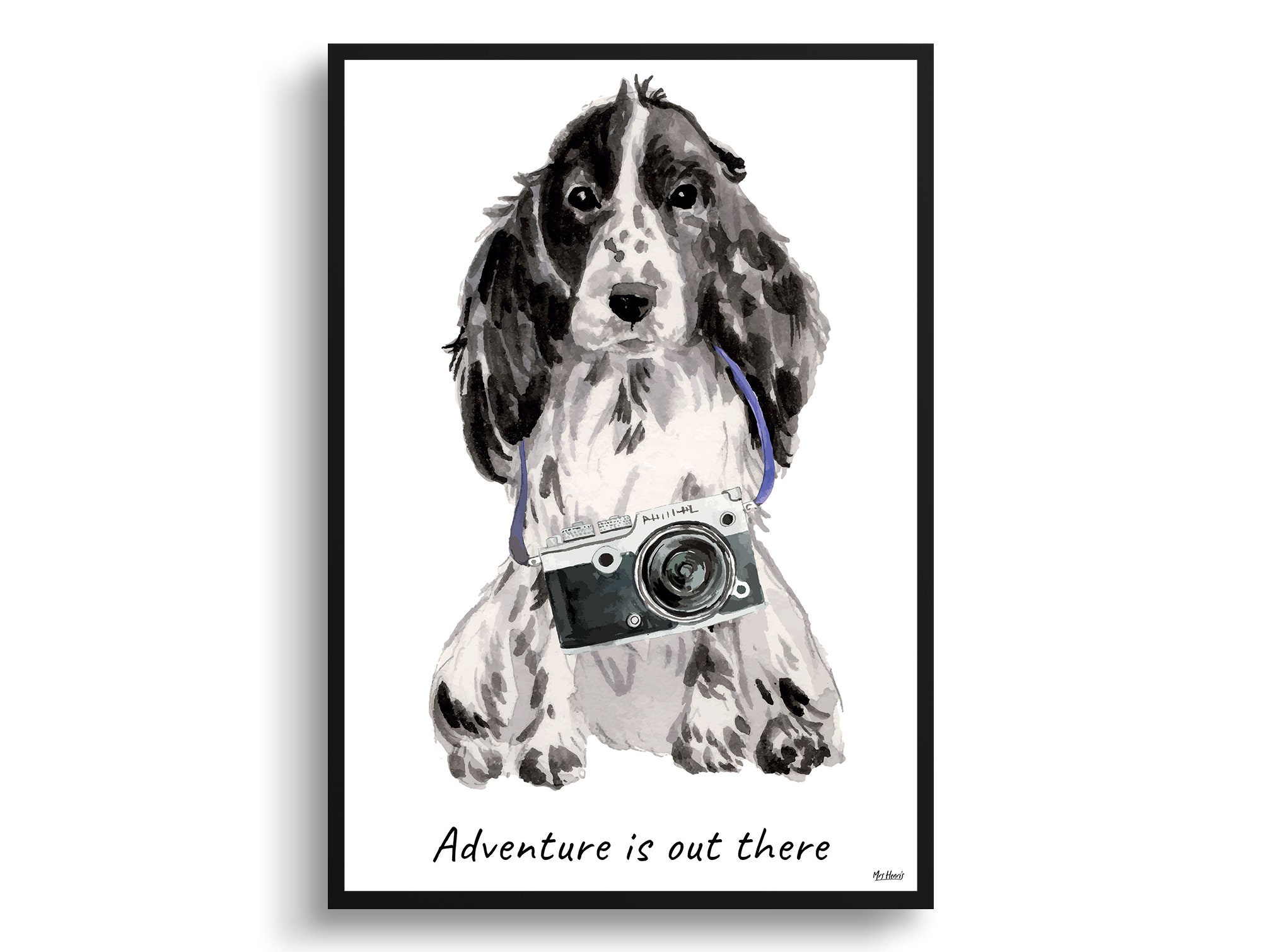 Adventure Is Out There Cocker Spaniel Dog Print Illustration. Framed & Un-Framed Wall Art Options. Personalised Name