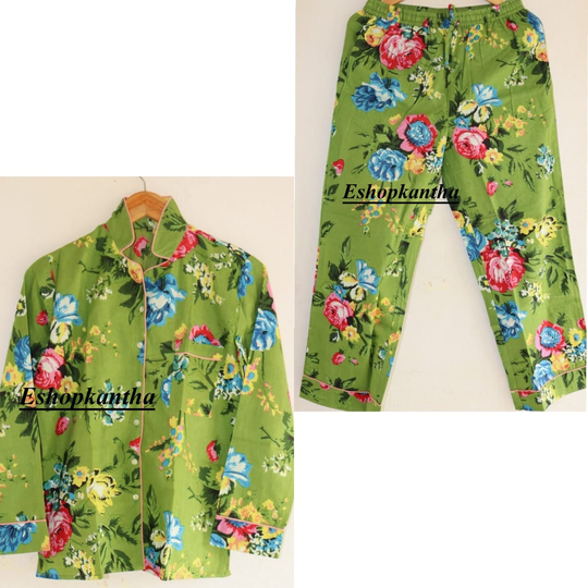 Beautiful Green Flower Print Pajama Set, Button Up Nightwear Payjama, Floral Cotton Pj Women Night Shut, Bridesmaid Pajamas