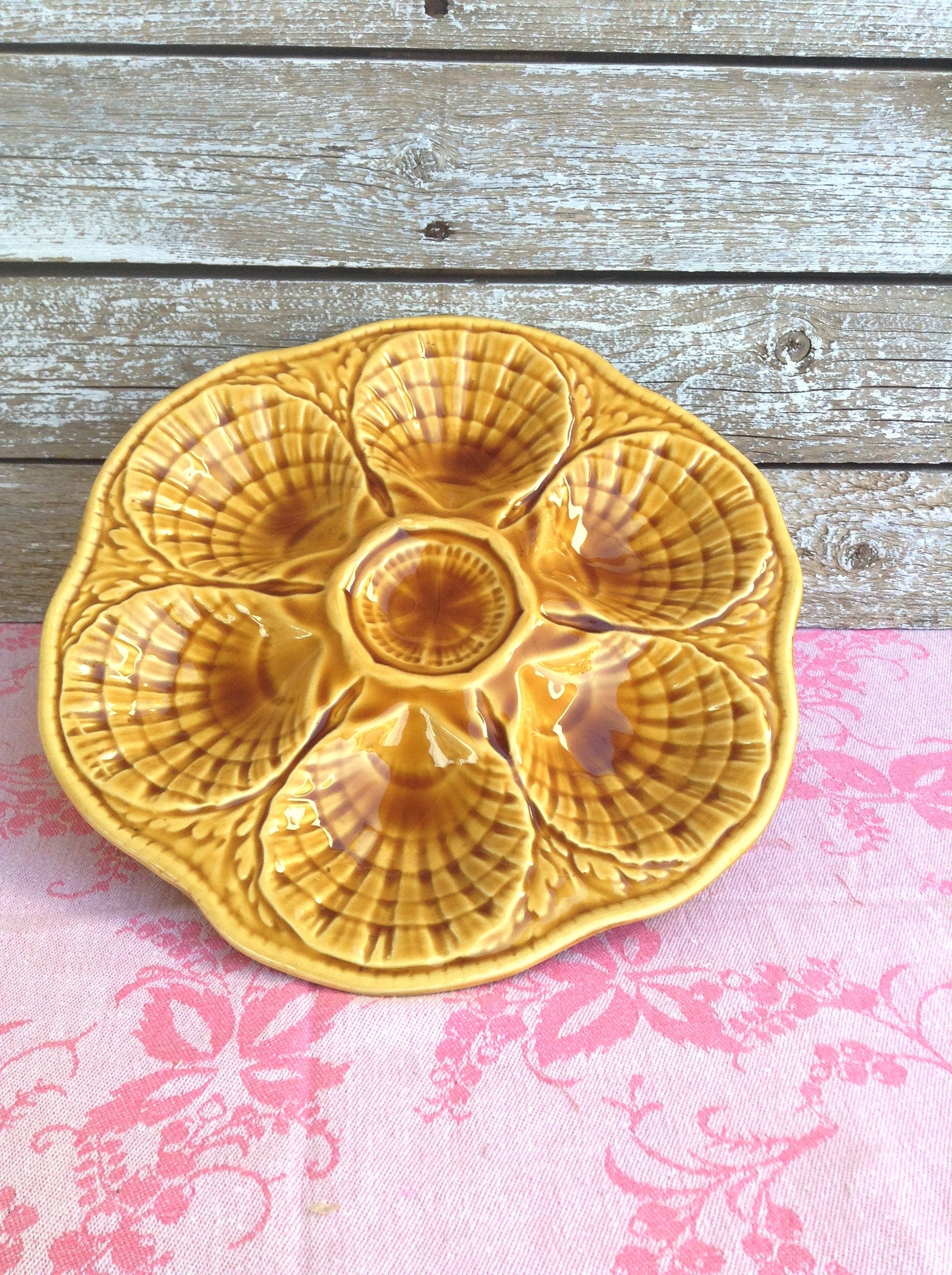 Vintage French Oyster Plate Sarreguemines, Barbotine Seafood Dish, Antique Plate, Sarreguemines Majolica