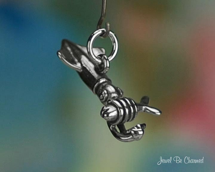 sterling Silver Squid Charm Ocean Fish Seafood Squids 3D Solid .925