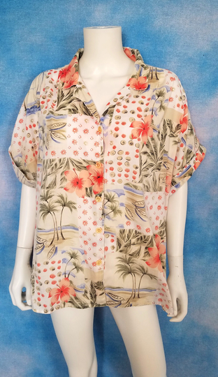 Vintage 80S Light Cotton Blend Boxy Abstract Hawaiian Board Shirt in Muted Pastels/ Tapestry/ Size Xl