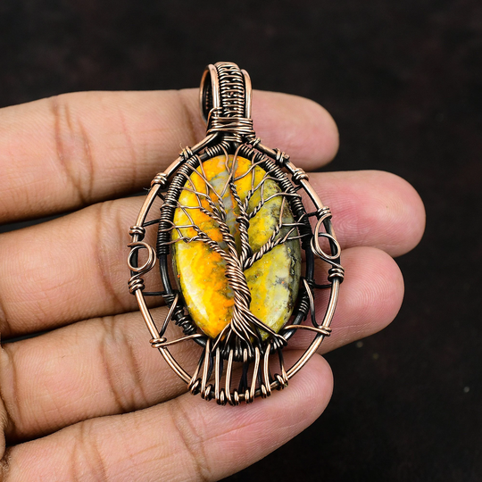 Tree Of Life Bumble Bee Jasper Pendant Copper Wire Wrapped Gemstone Handmade Women Jewelry
