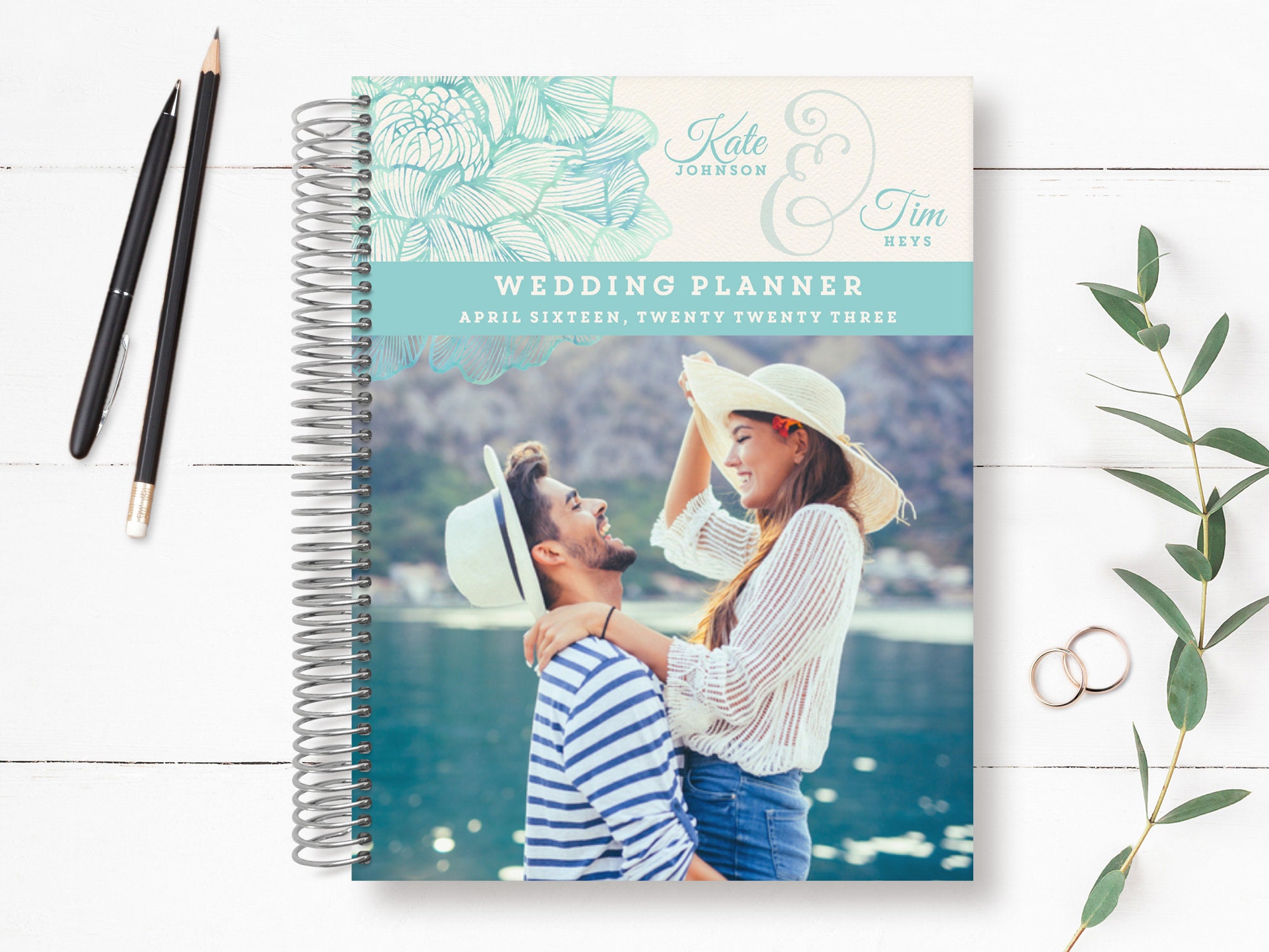 Custom Wedding Planner | Book Engagement Gifts For Couple Bridal Present Romantic Watercolor Florals
