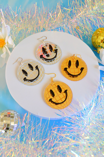 Acrylic Disco Smiley Happy Face Groovy 70S Retro Dancing Queen Statement Earrings