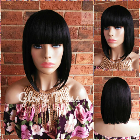 China Bang Bob Wig, 100% Human Hair Blend Short & Straight Full Light Yaki Texture // Martha