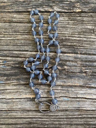 Grey Jade Beaded Necklace With Pave Diamond Clasp