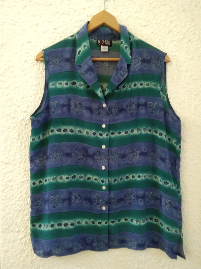 Pure Silk Blouse 60S Style But Is From 80S Sleveeless Geometric Floral Pattern Summer Top For Jeans Or Skirts Colorful Striped