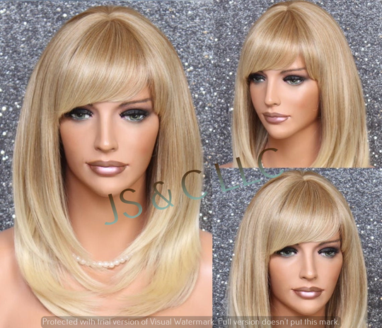 Human Hair Blend Wig Face Framing Razor Cut Blonde Mix Heat Ok Full Bangs Center Part Stright Long Hair Cancer/Alopecia/Cosplay