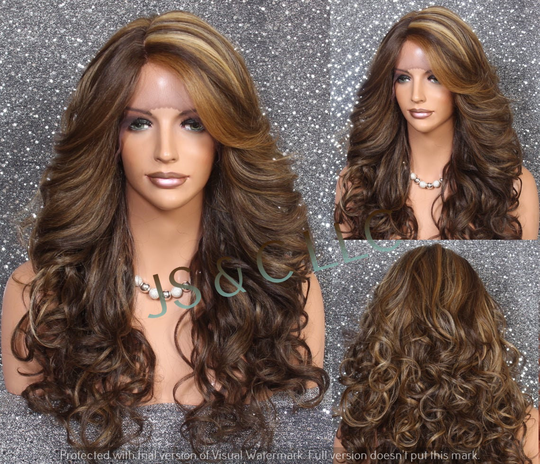 Human Hair Blend Lace Front Wig Caramel Brown Blonde Mix Full Long Curly With Bangs Heat Safe Cancer Alopecia Theater