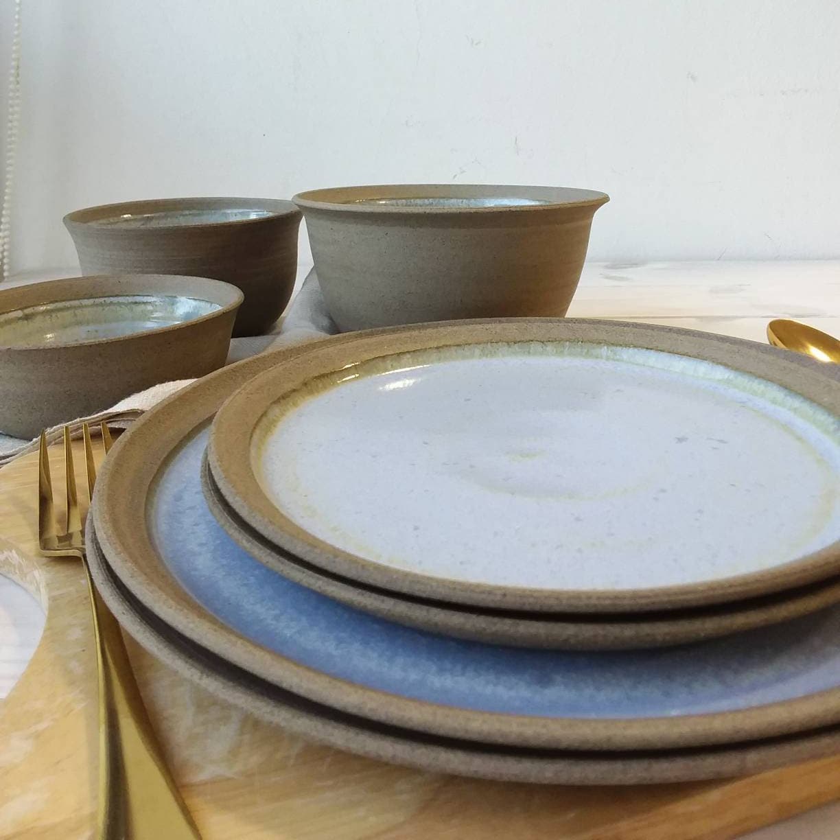 Set Of Two Handmade Gray Dinner Plates, Light Blue Ceramic Set Of Large Main Course & Side Plates