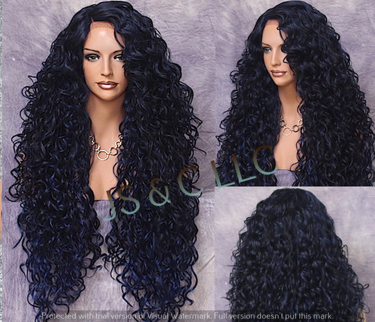Blue Black Mixed Human Hair Blend Full Lace Front Wig Extra Volume & Curly Untamed Wild Heat Safe Side Parting